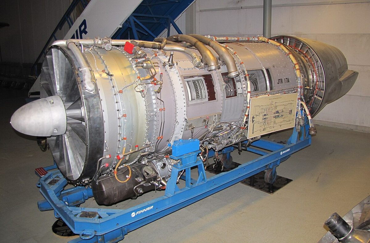 A Pratt & Whitney JT8D turbofan engine on display.