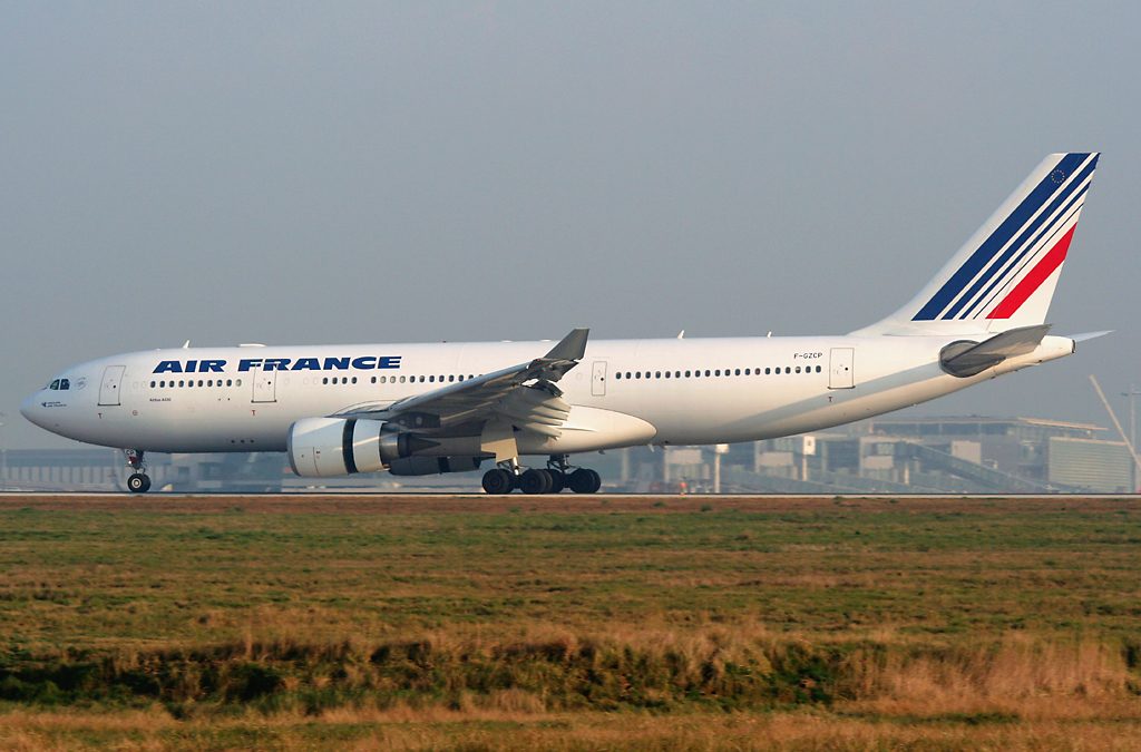 An Air France Airbus A330-200, registration F-GZCP, on the ground at Paris Charles de Gaulle airport.