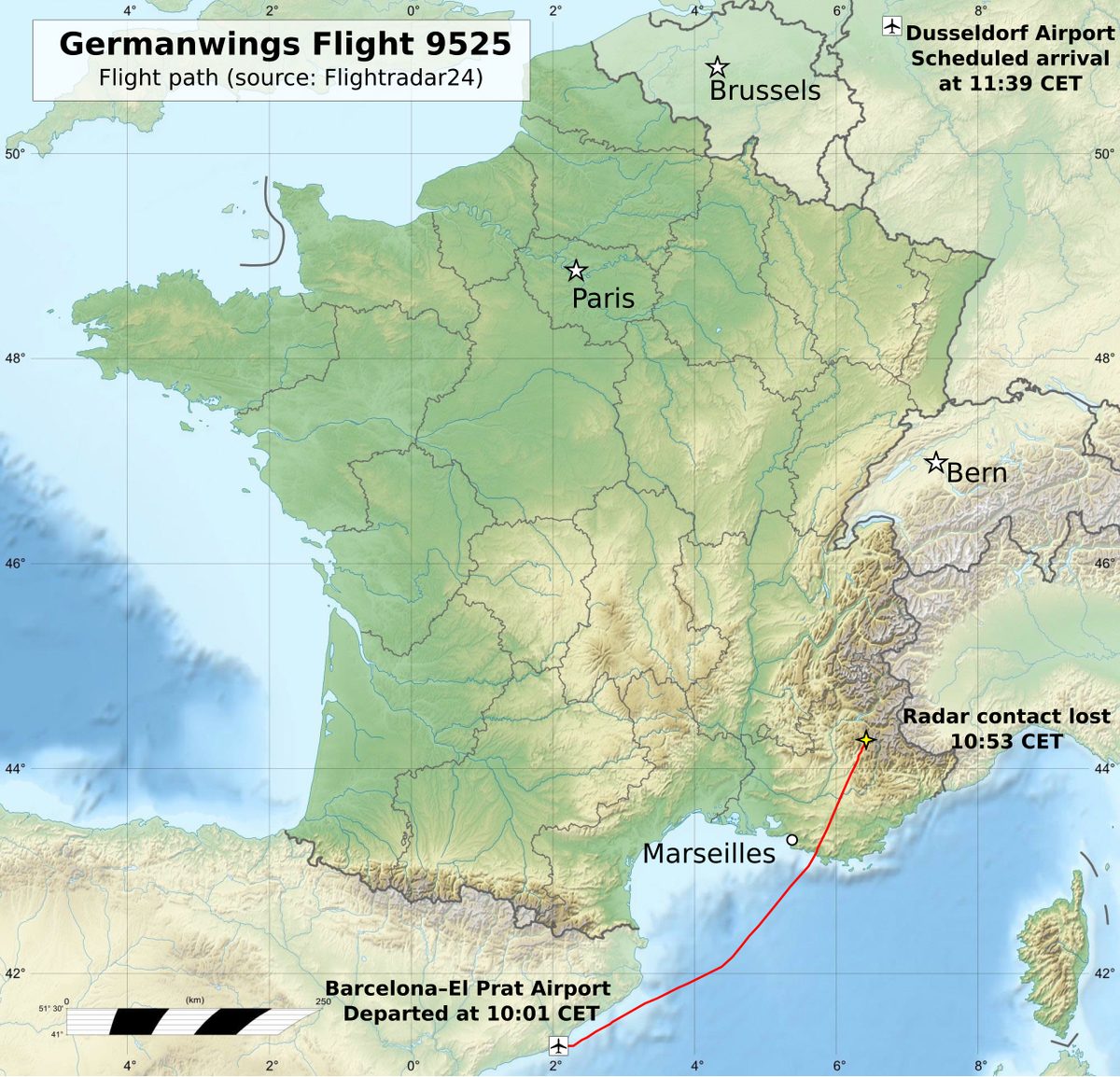 Topographic map of France showing the route of flight 4U9525 from Barcelona and the point where it ended in the Alps.