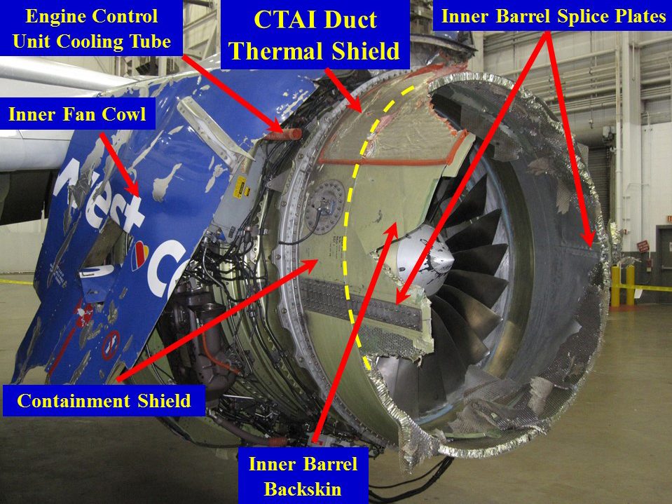 Damage to the inboard side of the left engine nacelle of N772SW, showing where fan cowl sections broke away.