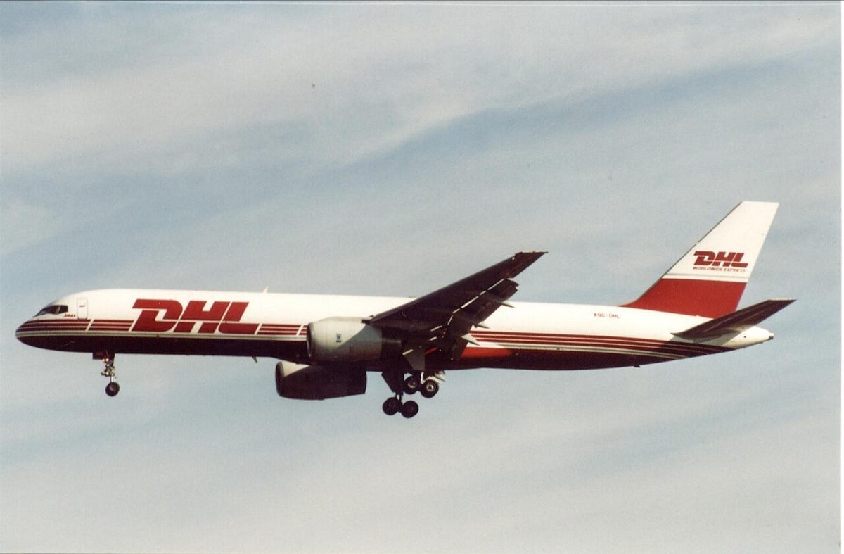 A DHL Boeing 757 freighter at Brussels Airport.