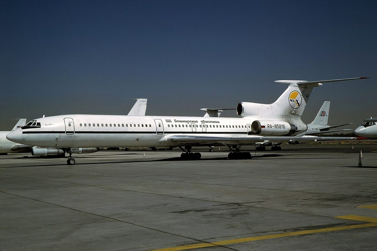 A Bashkirian Airlines Tupolev Tu-154M trijet airliner.