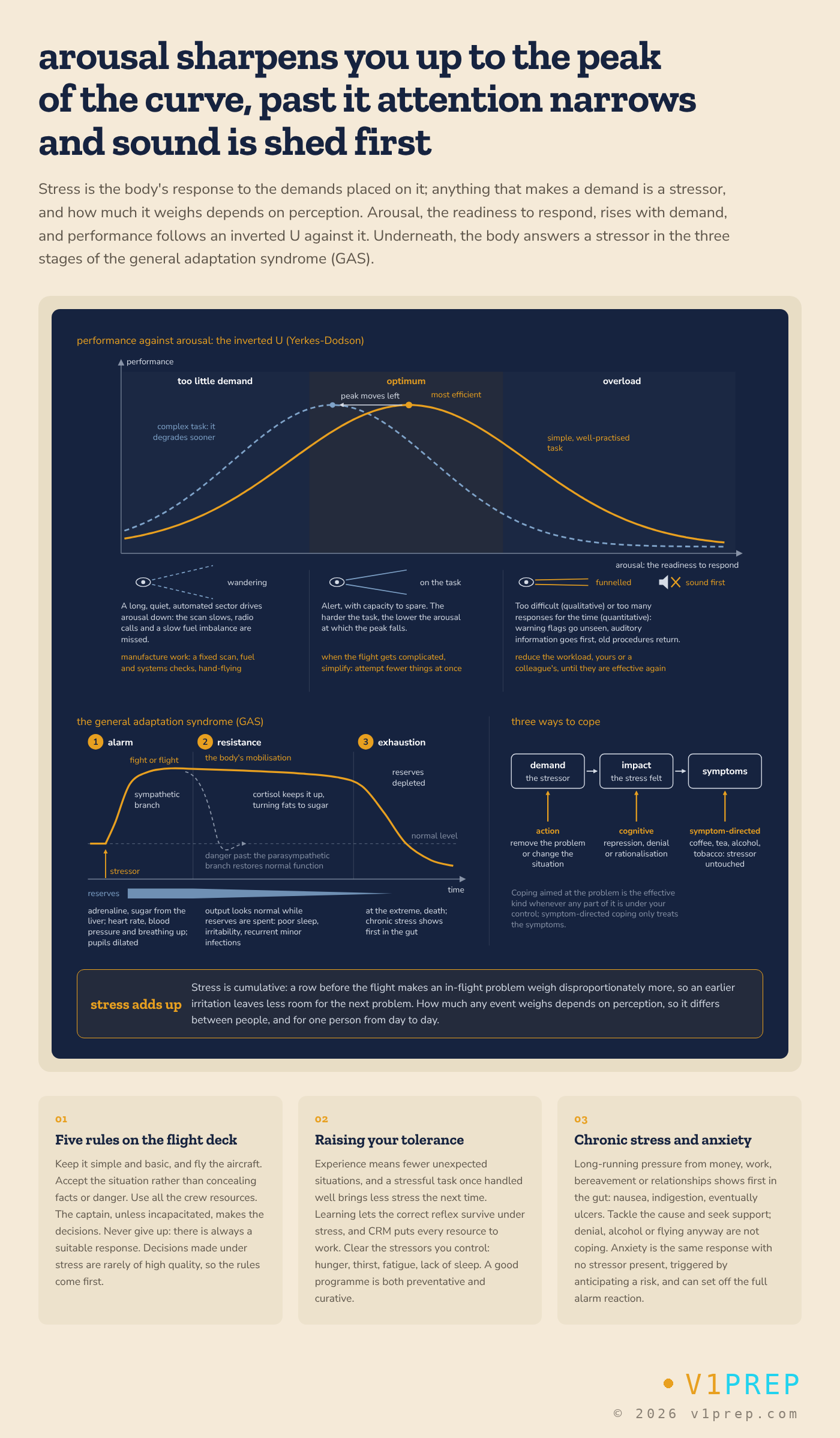 Arousal and performance: alertness rises with demand to a peak, beyond which attention narrows and sound is shed first. A startle drives arousal past that peak in an instant. v1prep schematic.