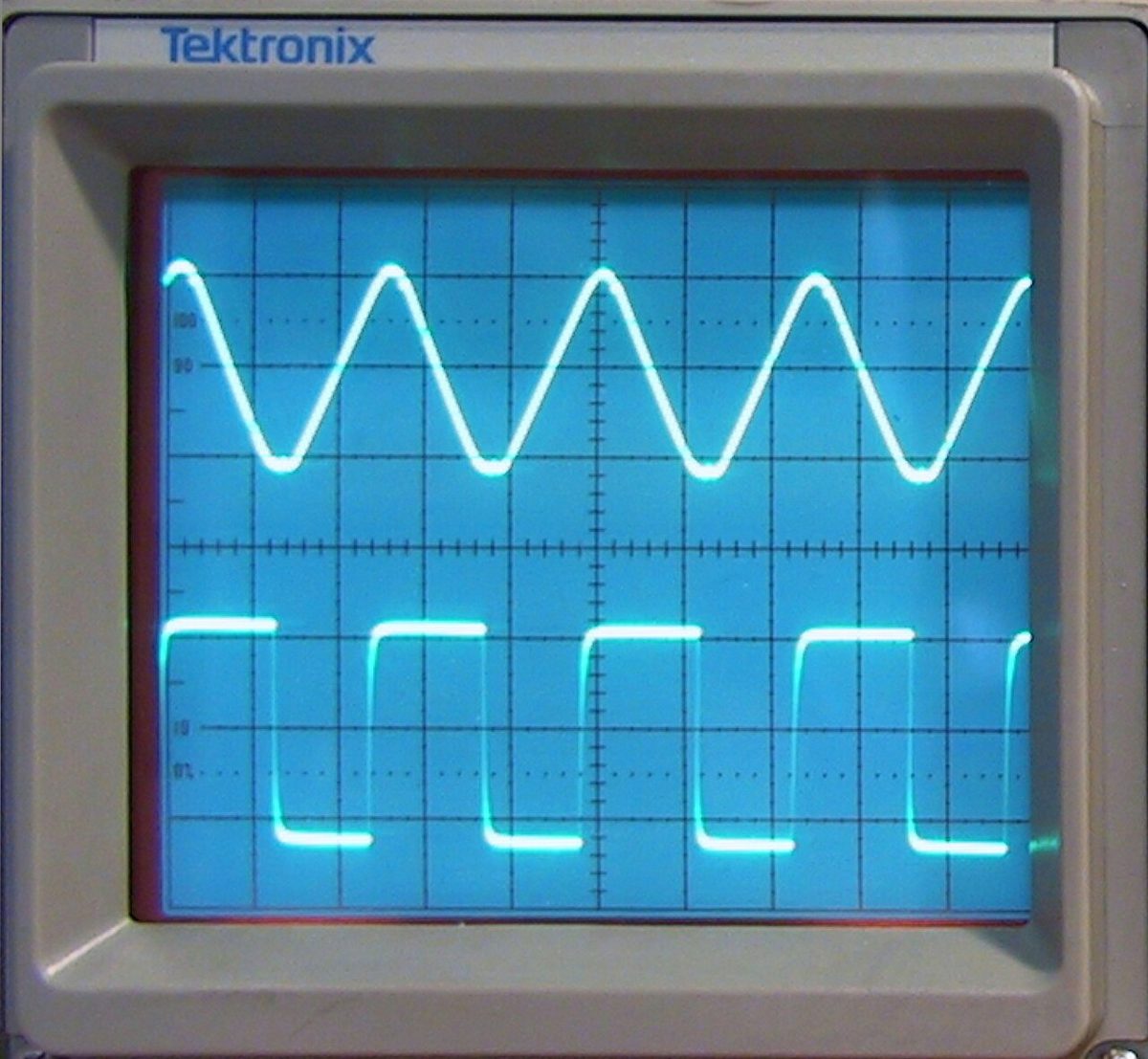 An oscilloscope screen showing a triangular wave and a square wave.