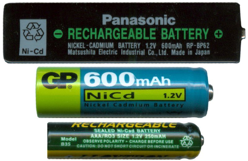 Three small rechargeable nickel-cadmium cells, each marked 1.2 V.