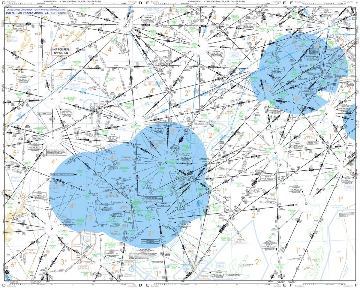 A dense US low altitude IFR area chart of the Washington region, with airways radiating from navigation aids and large shaded areas, marked not for real navigation.
