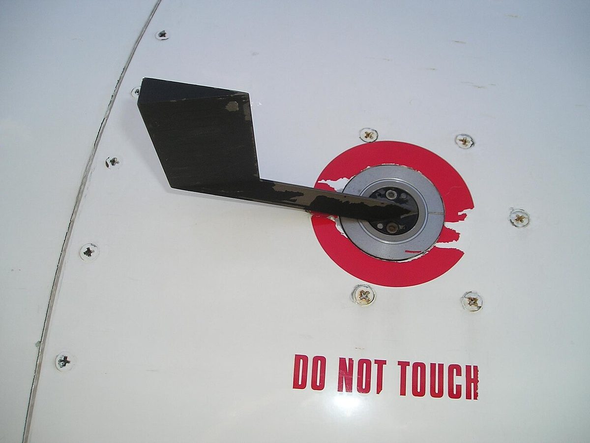 An angle of attack sensor mounted on the outside skin of an aircraft.