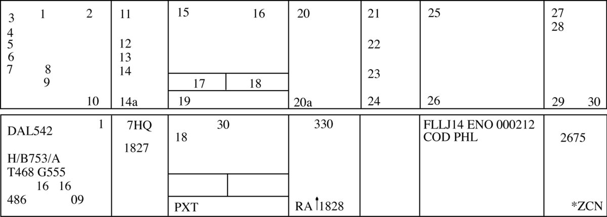 Diagram of a US flight progress strip, a blank strip with each field numbered above a completed strip for flight DAL542.