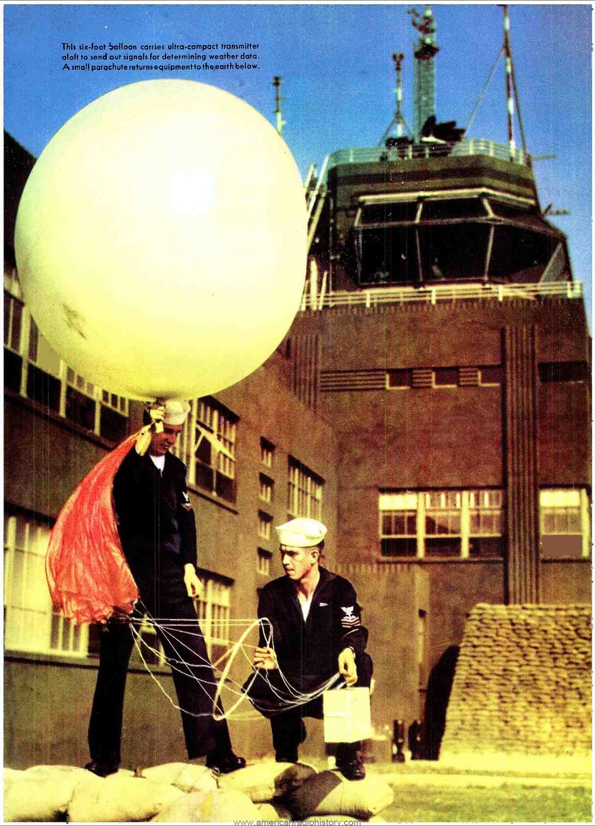 A weather balloon carrying a small instrument package being released into the sky.