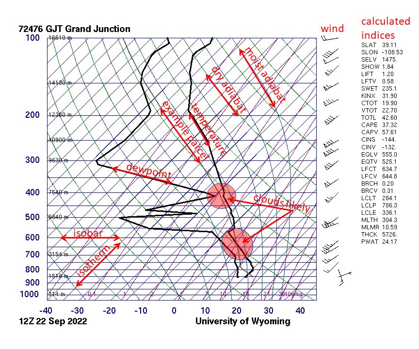 A thermodynamic diagram with a grid of sloping lines and two plotted curves of temperature and dew point against pressure.