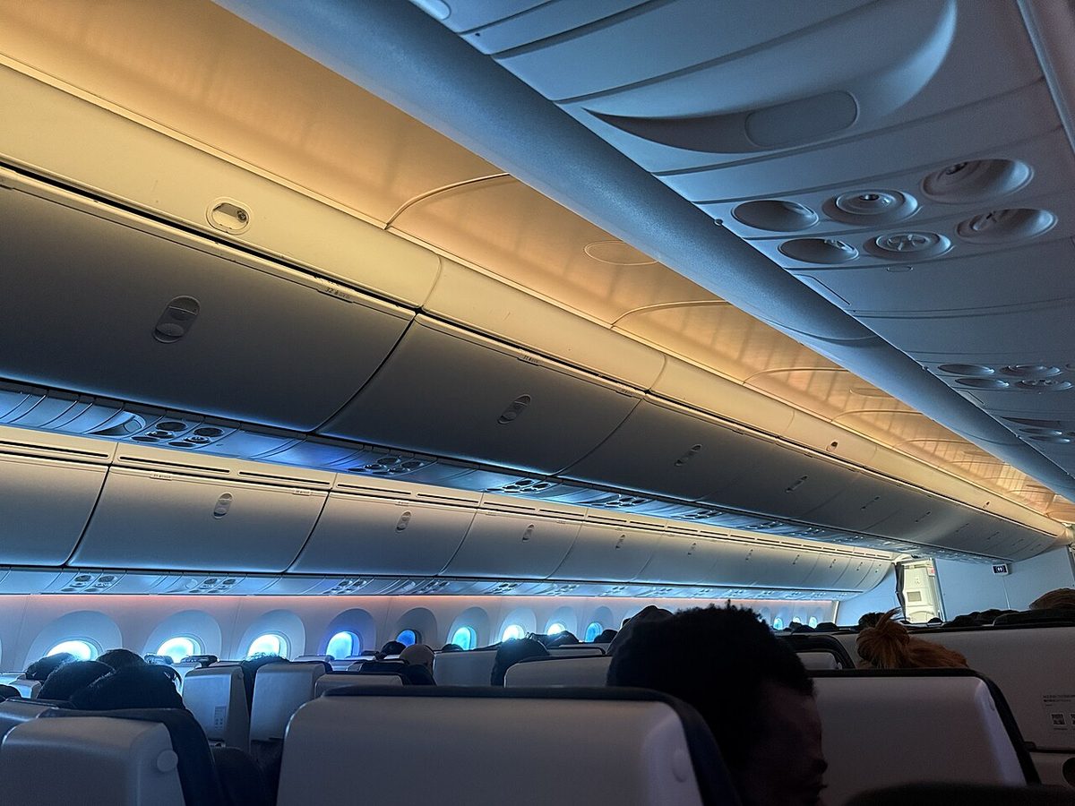The economy cabin of a Zipair Boeing 787-8, with rows of seats, overhead bins and passenger service units above the seats, and large windows tinted blue.