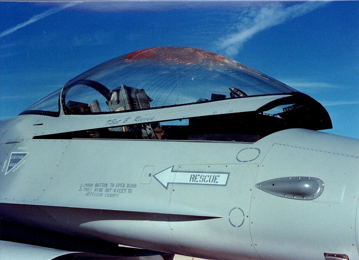 Close view of a fighter's bubble canopy with a reddish smear of bird remains across its top.