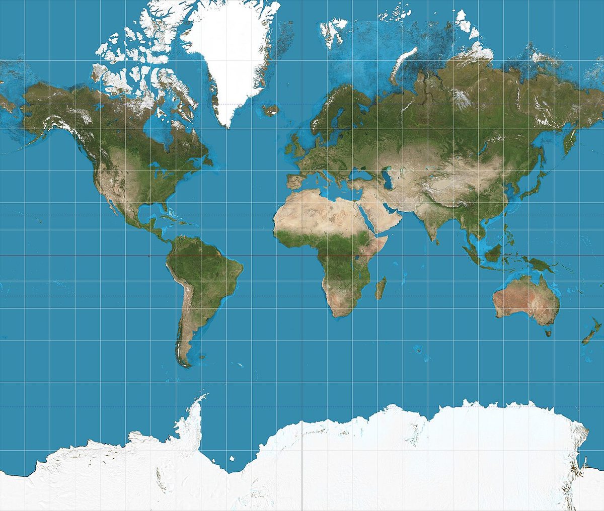 A world map drawn on the Mercator projection, with straight vertical meridians and horizontal parallels spaced ever wider towards the poles, so that high-latitude land masses look greatly enlarged.