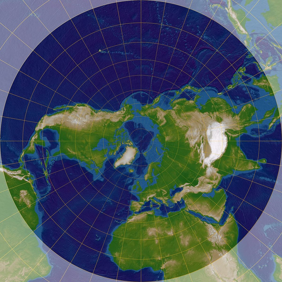 A map on the stereographic projection in its polar aspect, with meridians radiating straight from the pole at the centre and parallels of latitude drawn as concentric circles.