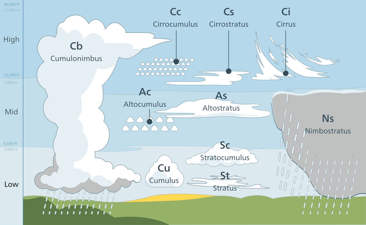 Diagram of the main cloud types drawn at the heights where they form, from low stratus and cumulus up to high cirrus.