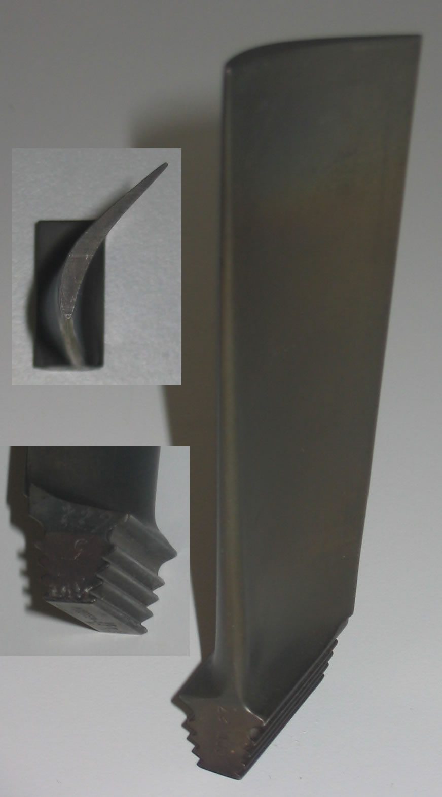 A single grey jet engine blade standing upright, with inset close-ups of its curved section and its serrated root.