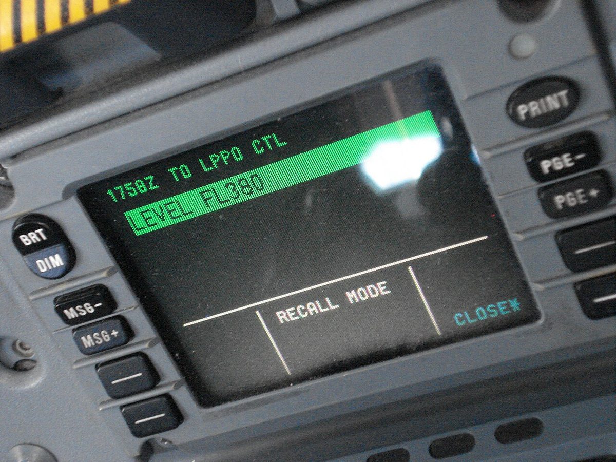 A controller-pilot data link message displayed on a screen on an aircraft flight deck.
