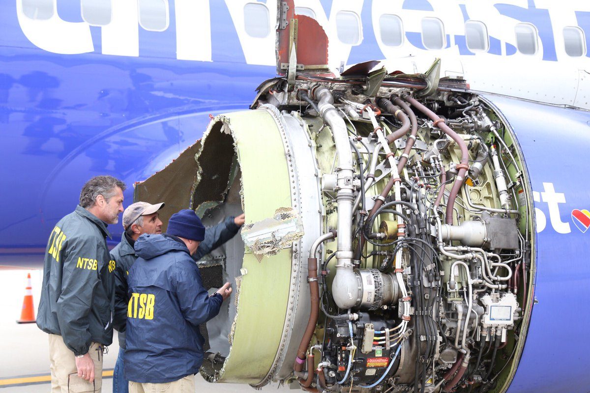 The damaged engine of Southwest Airlines Flight 1380 during the NTSB inspection at Philadelphia International Airport.