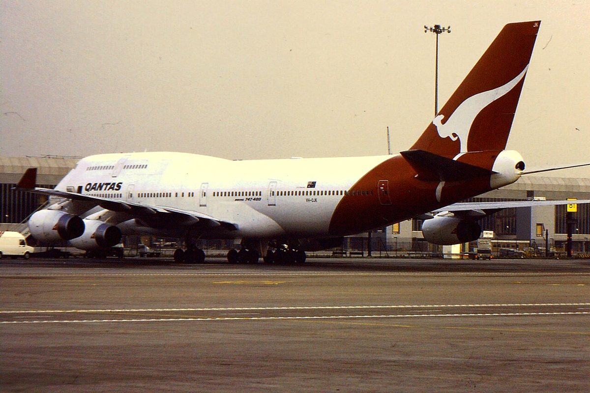 Qantas Boeing 747-400 registered VH-OJK at Manchester Airport.