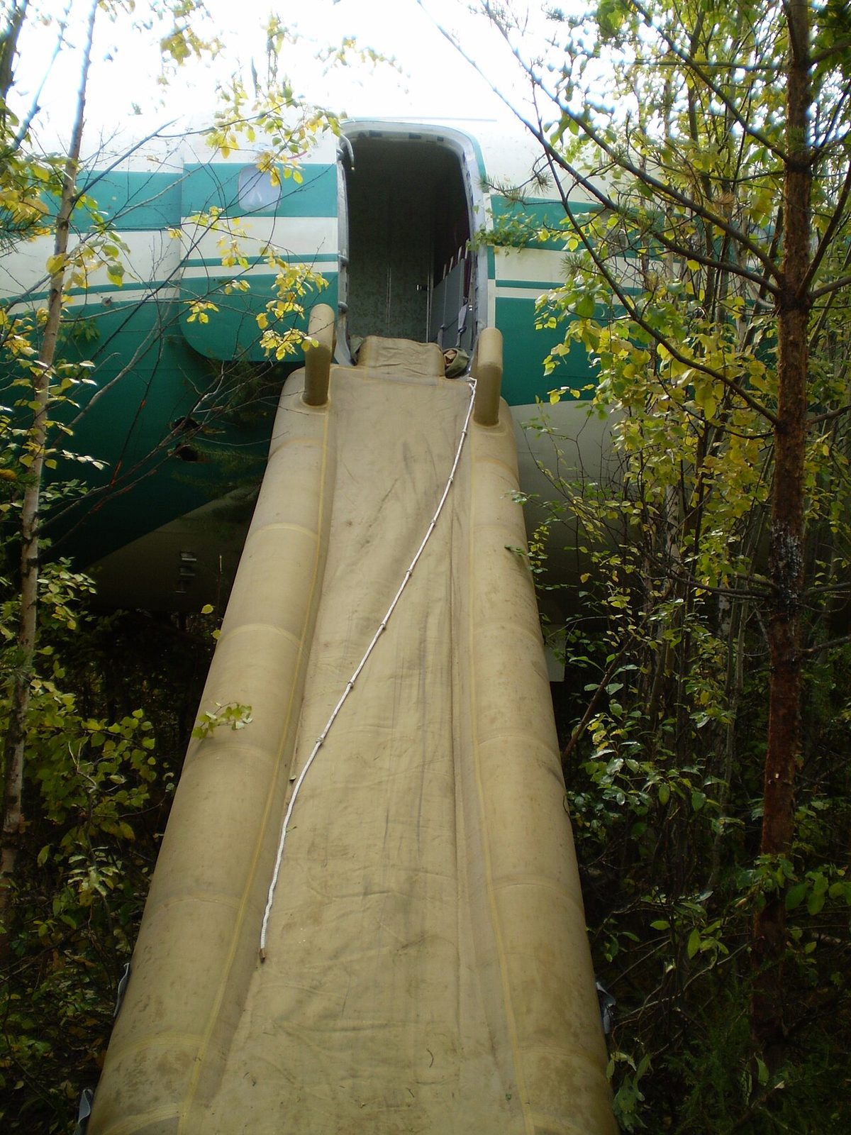 An inflated escape slide running from an open airliner door down to the ground among trees.