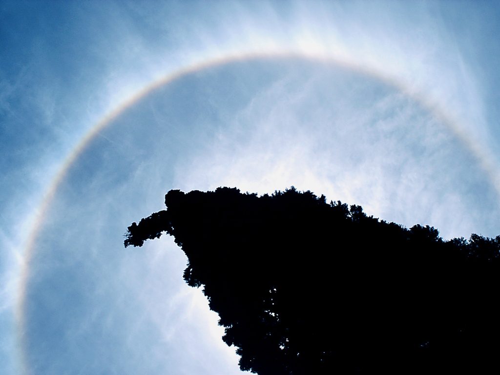A thin, fibrous veil of high cloud with a ring of light around the sun.
