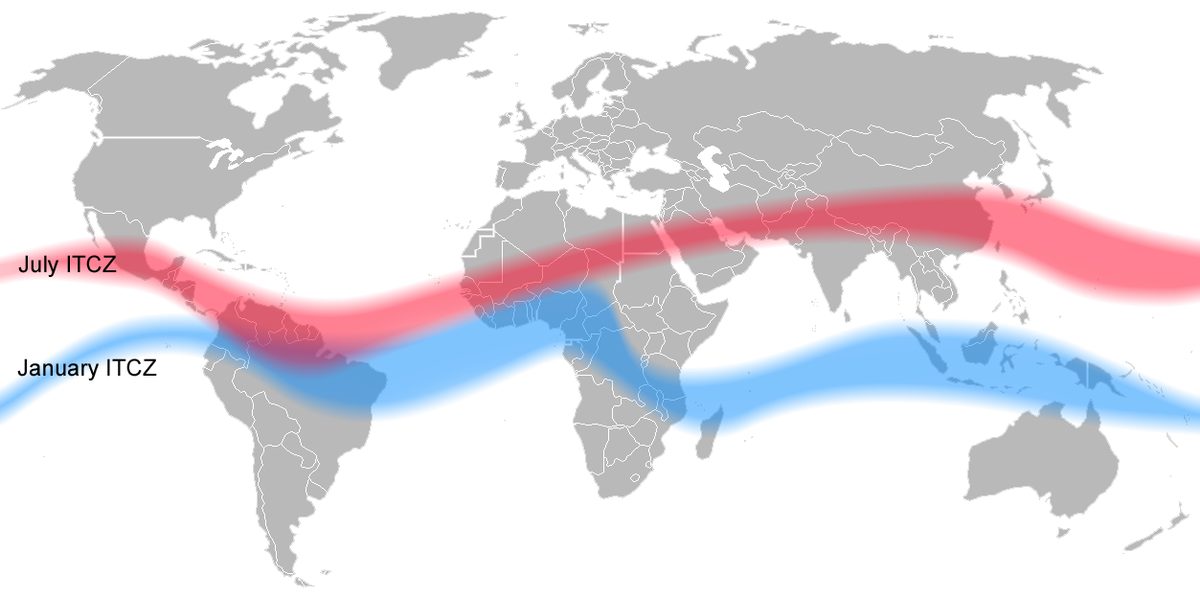 World map with a blue line and a red line marking the position of the intertropical convergence zone in January and in July.