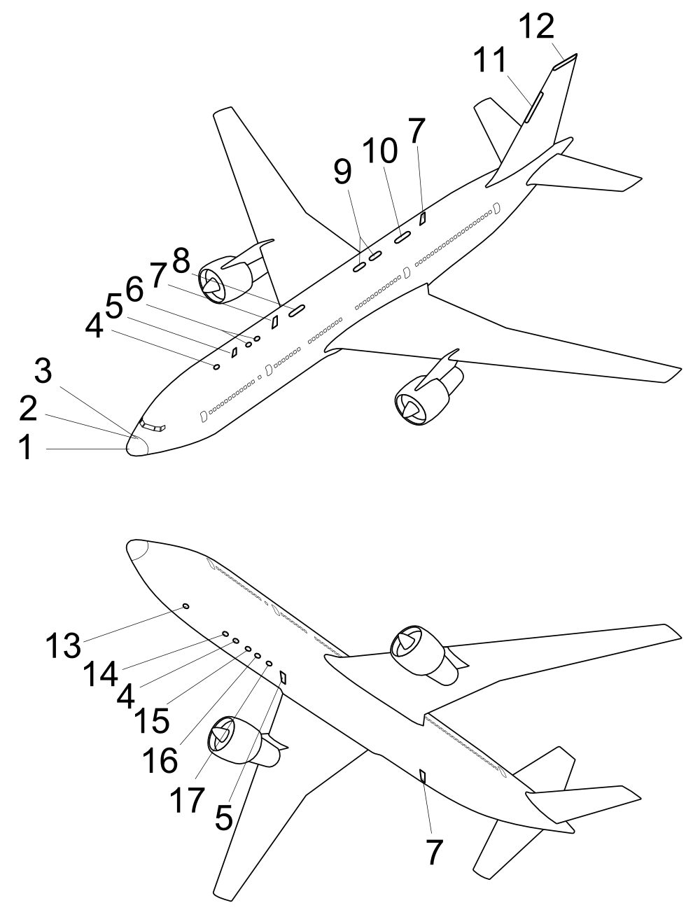 Line drawing of a jet airliner seen from above and from below, with numbered markers where its antennas are mounted.