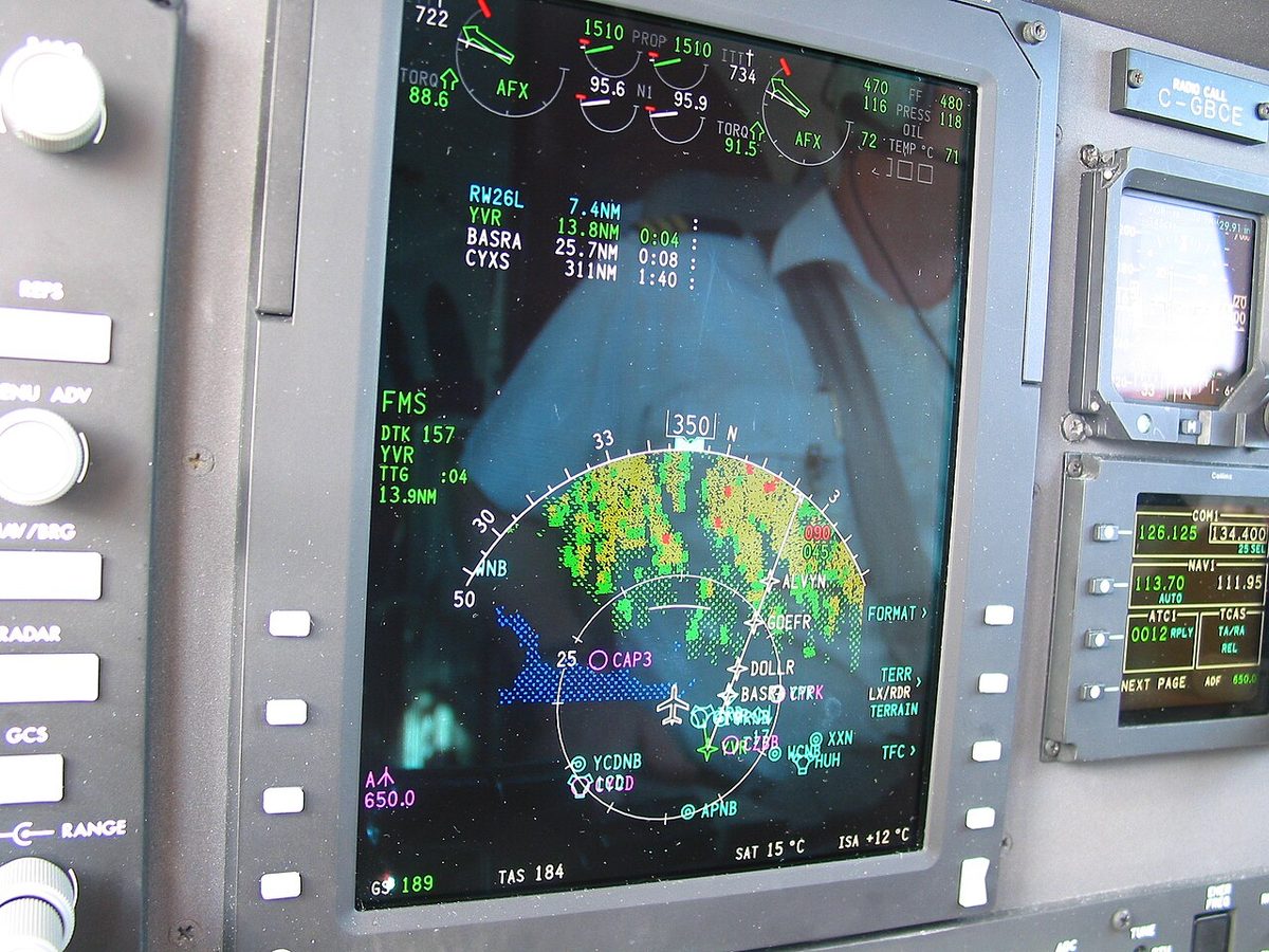 A navigation display showing surrounding terrain in green, amber and red according to its height relative to the aircraft.