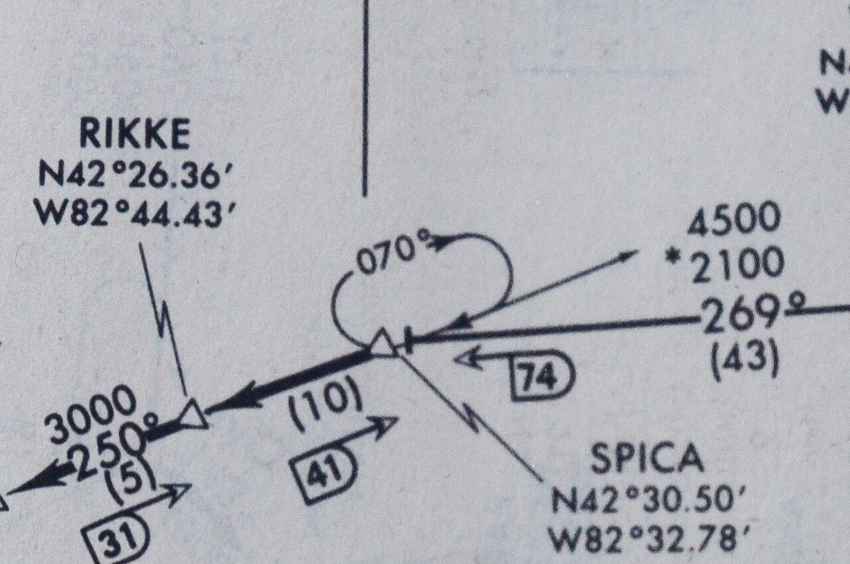 Part of an instrument chart near Detroit, showing a holding pattern drawn as a racetrack at a fix on a charted route.