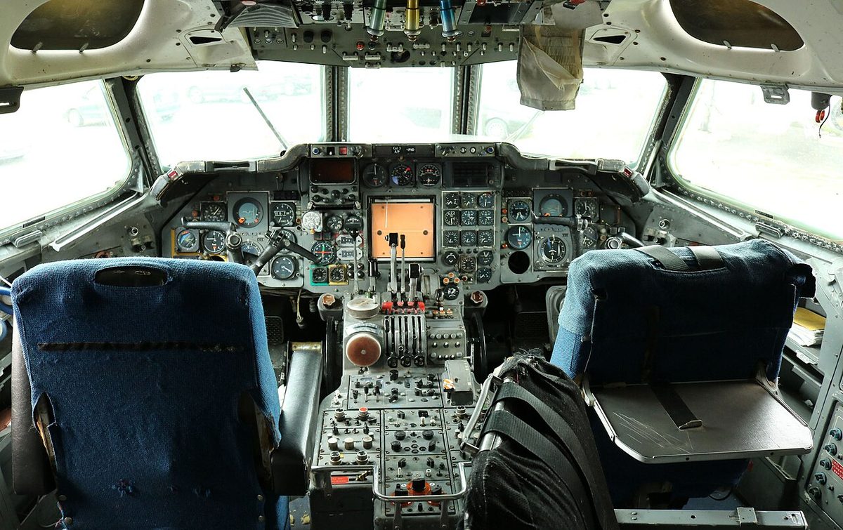 The cockpit of a Hawker Siddeley Trident airliner.