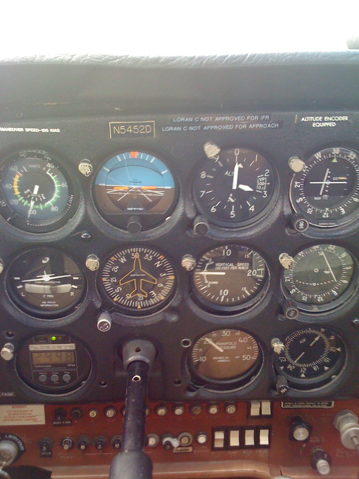 The flight instrument panel of a Cessna 172, with its main flight instruments grouped in front of the pilot.