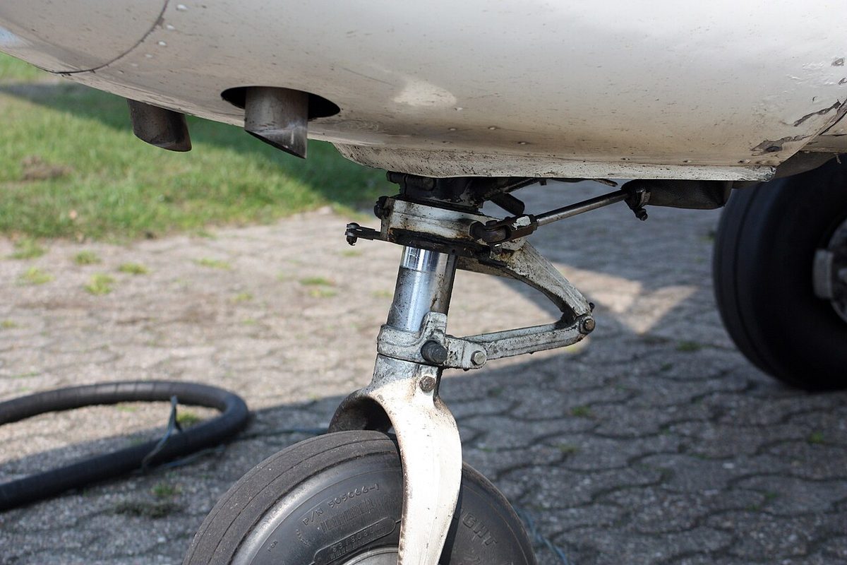 The nose landing gear of a light aircraft: a chrome oleo strut with scissor-shaped torque links above a small wheel with a fork.