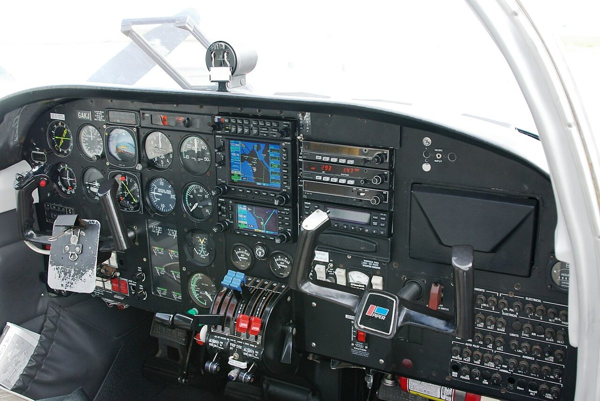 The cockpit of a Piper PA-34 Seneca light twin.