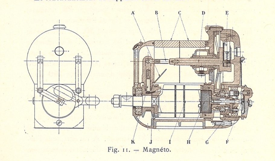 A sectional drawing of a magneto from an early aero engine manual, its parts labelled A to K.