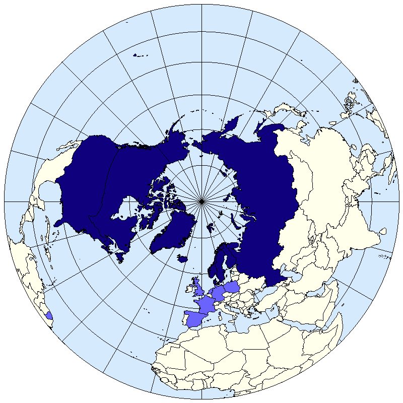 Map of the Arctic region, with the Arctic Ocean and the member states of the Arctic Council around it.