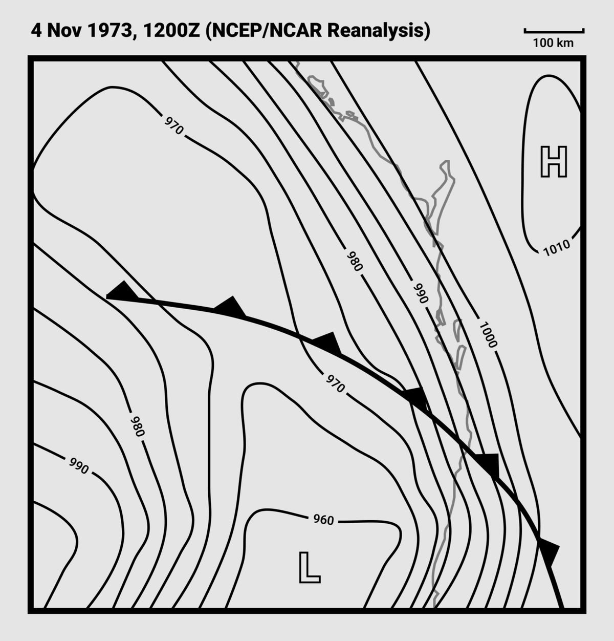A surface weather chart with isobars drawn around areas of high and low pressure.