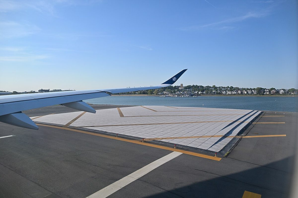 The engineered materials arresting system bed at the end of runway 22R at Boston Logan, seen from an aircraft.