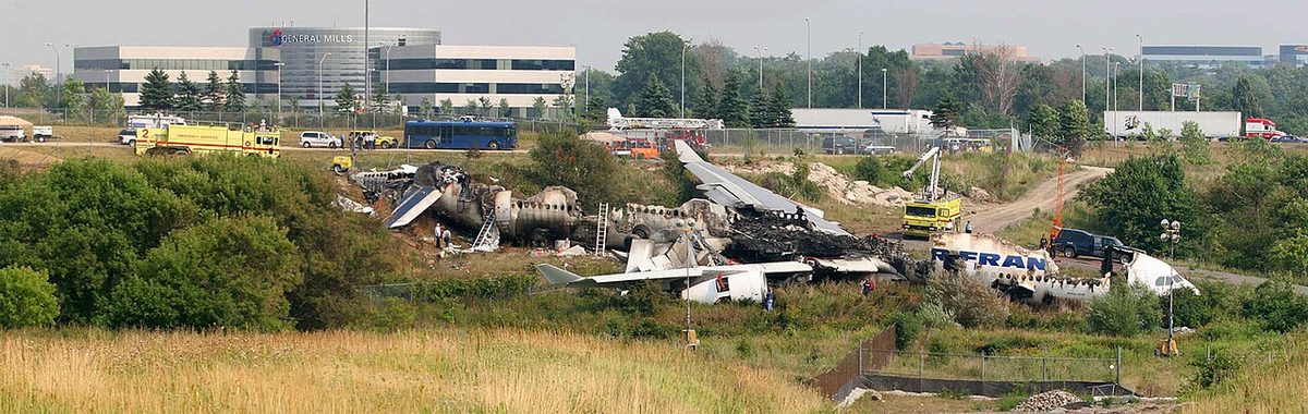 The wreckage of the Air France Airbus A340 at Toronto Pearson, photographed the day after the accident.
