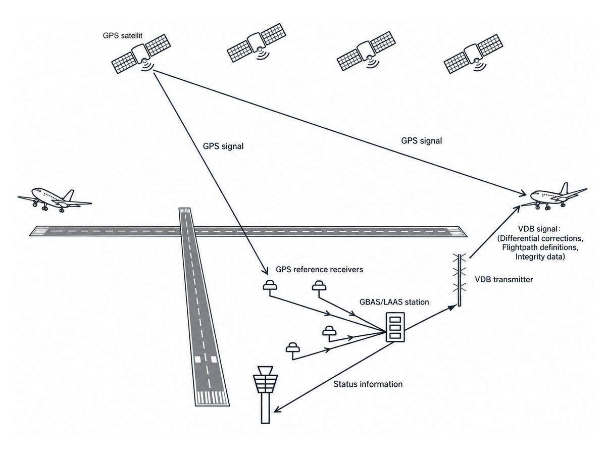 Diagram of a ground-based augmentation system, with navigation satellites, ground reference receivers at an airport and an aircraft on approach receiving the broadcast.