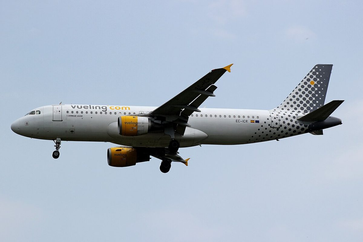 A gray and white Vueling Airbus A320 with a dotted tail and yellow engines, landing gear down and flaps extended, against a pale sky.