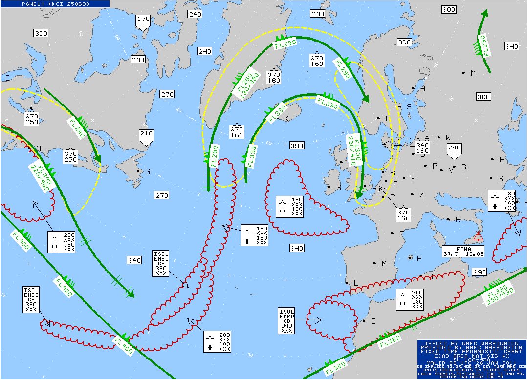 An aviation significant weather chart with lines, symbols and boxed labels over a map.