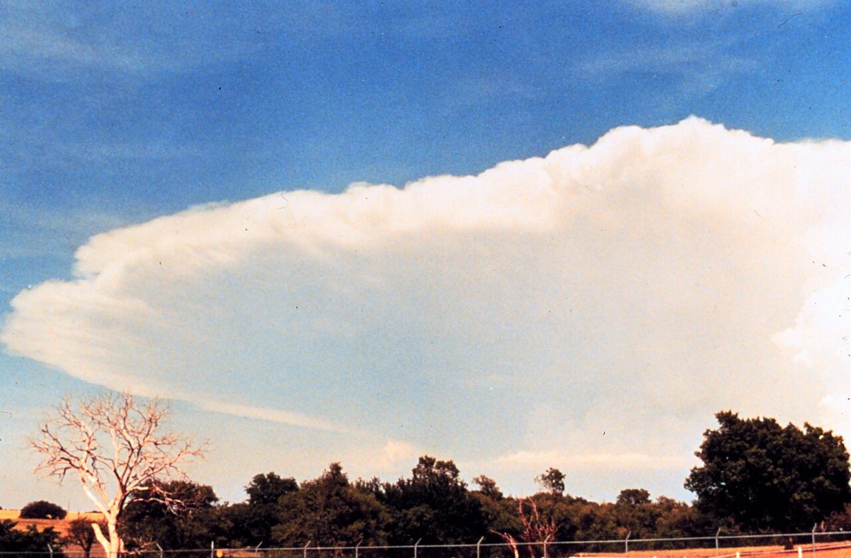 The anvil of a large cumulonimbus cloud in the early stages of a developing thunderstorm.