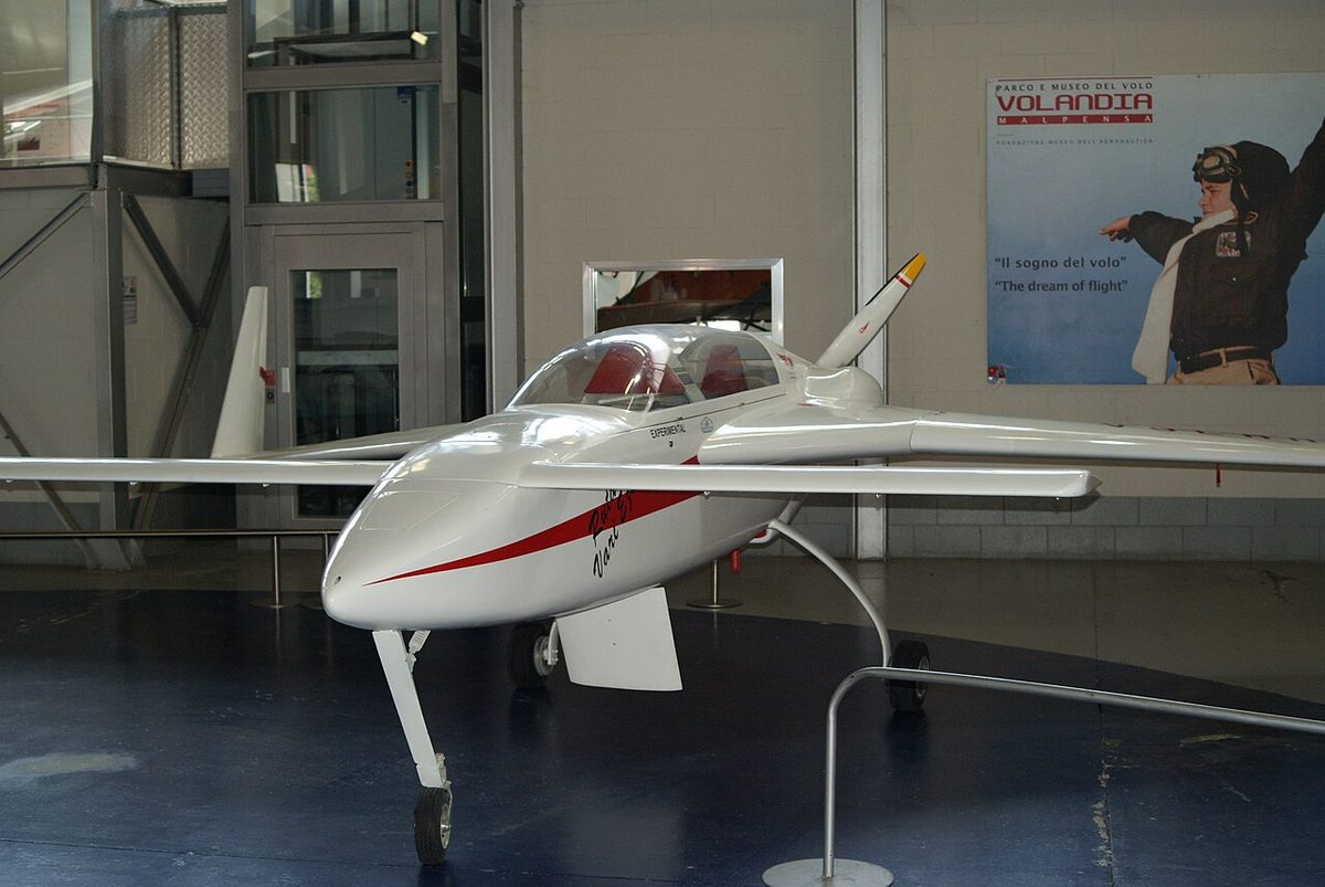 A Rutan VariEze, a small light aircraft with a slender foreplane near the nose, a swept main wing at the rear with upturned tip fins, and a pusher propeller.