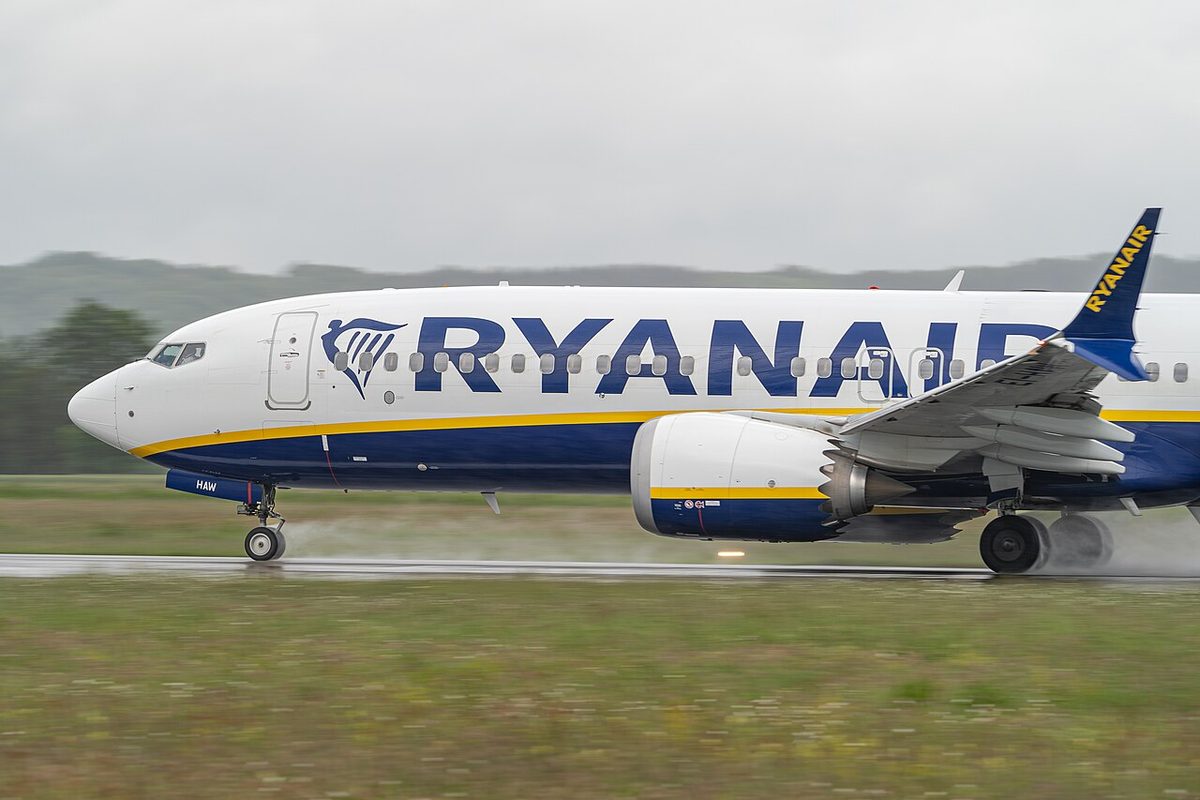 A Ryanair Boeing 737 MAX on the runway during its take-off run.