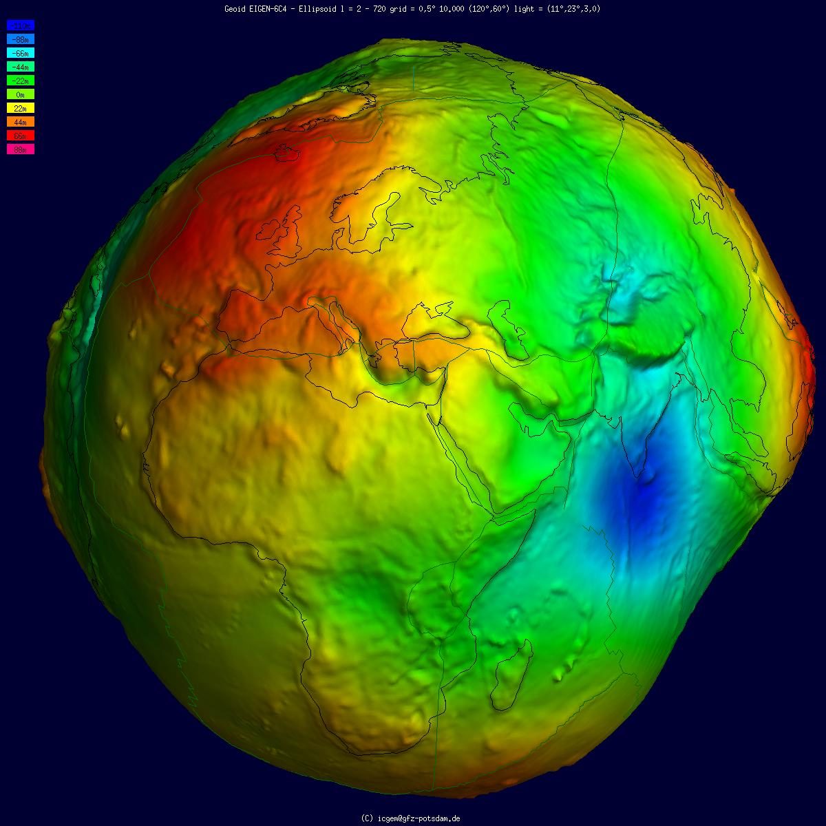 A computer model of the Earth coloured by the height of the geoid, with its highs and lows greatly exaggerated so that the globe looks lumpy.