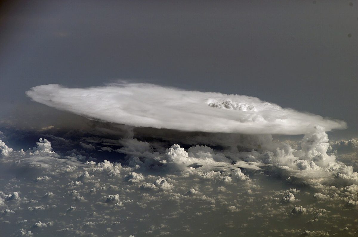 A cumulonimbus seen from above, its flat anvil spreading over a field of smaller cumulus, with a dome of cloud bulging through the top.