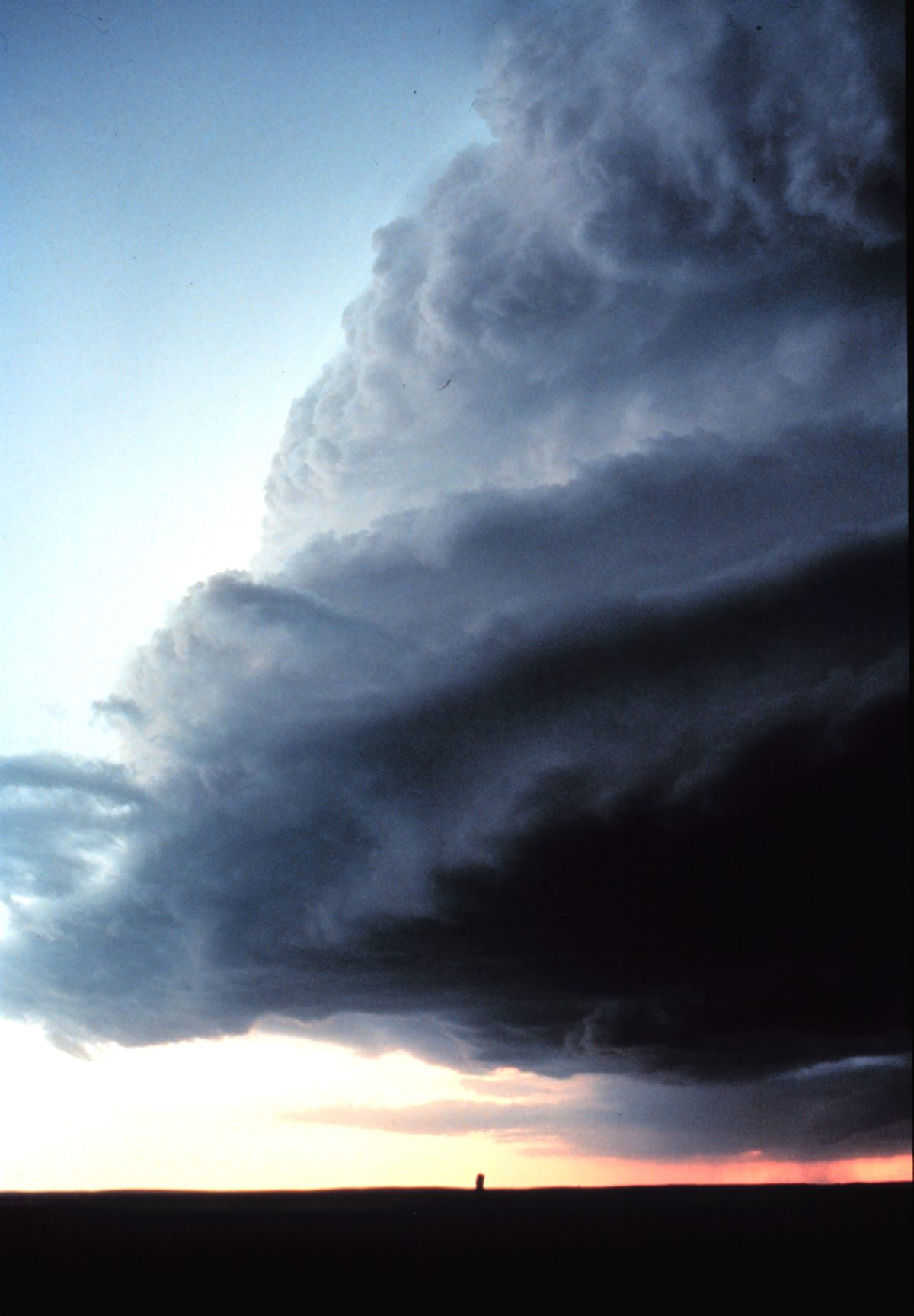 A low, wedge-shaped shelf cloud stretching across the sky along the leading edge of an approaching thunderstorm.