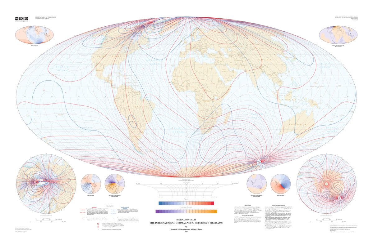 A world map crossed by curved lines, each joining places with the same magnetic variation.