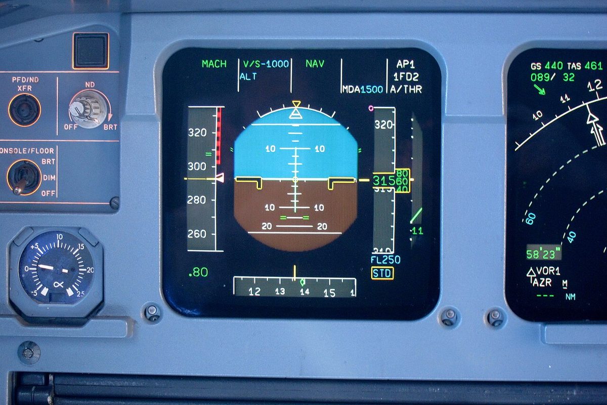Primary flight display of an Airbus A320 in cruise, with the attitude sphere in the centre, the speed tape on the left and the altitude tape on the right.