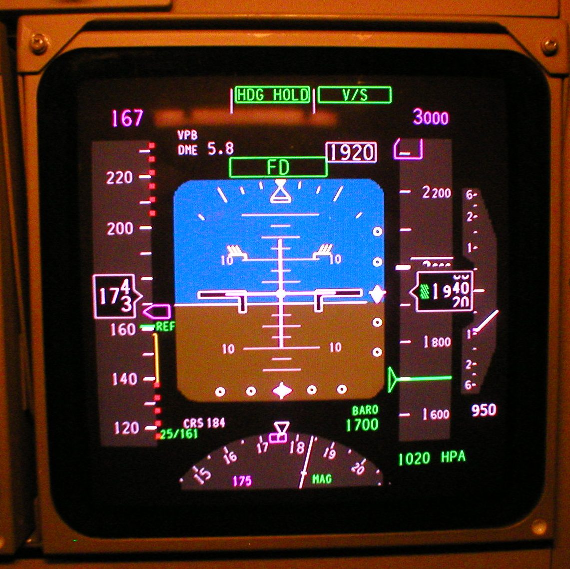 A Boeing 747-400 primary flight display. On the far right, a narrow vertical speed scale marked 1, 2 and 6 above and below its centre, with the pointer in the lower half and the figure 950 below the scale.